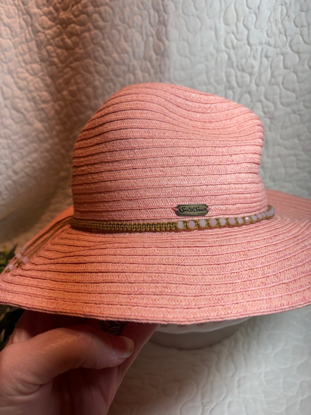 Women's Pink Straw Fedora Hat with Beaded Band - Picture 3 of 3
